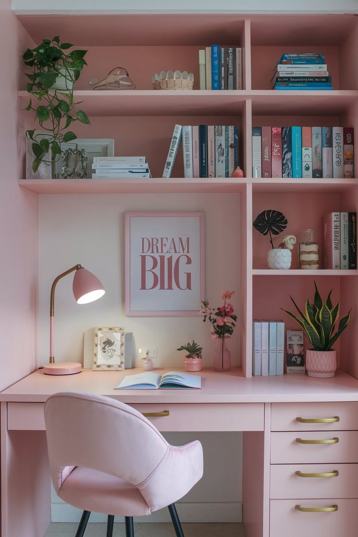 Modern Pink Study Desk with Bookshelf & Drawers – Stylish Home Office Writing Table