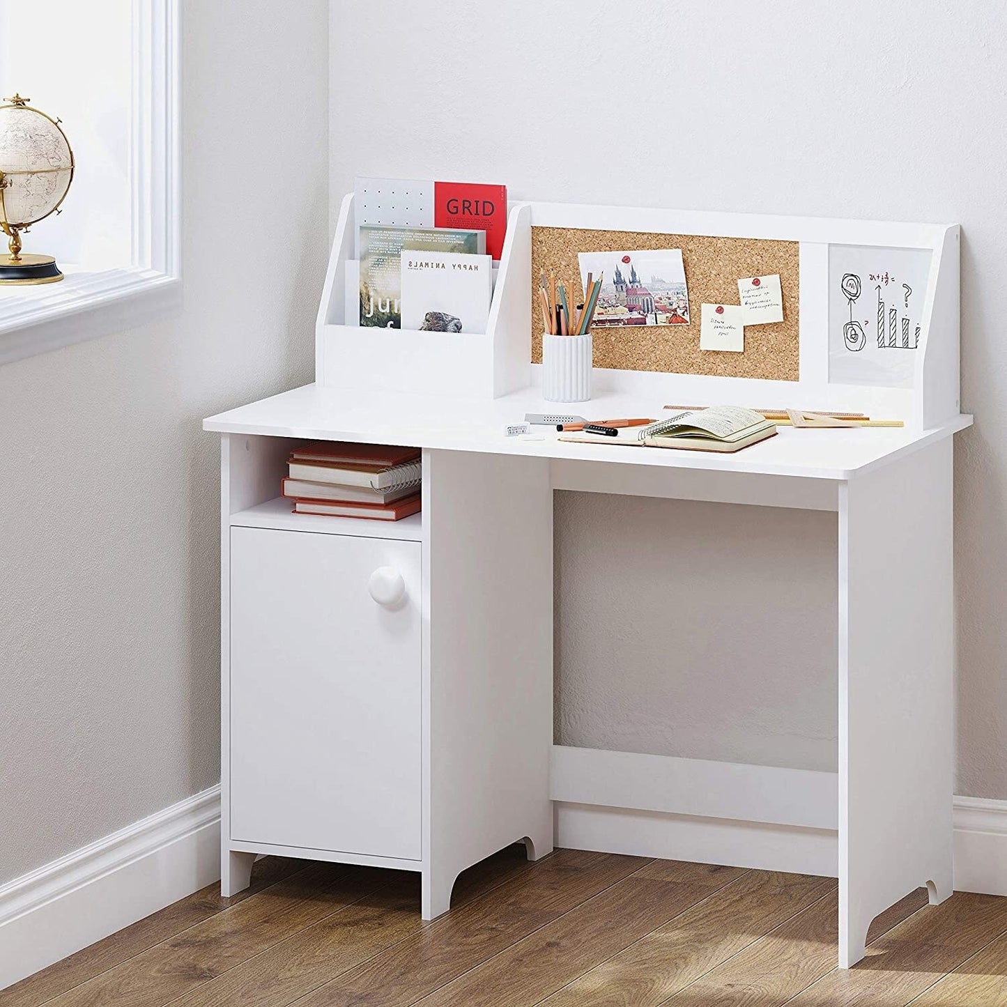 White Study Desk with Cork Board & Storage Cabinet – Compact Home Office Writing Table