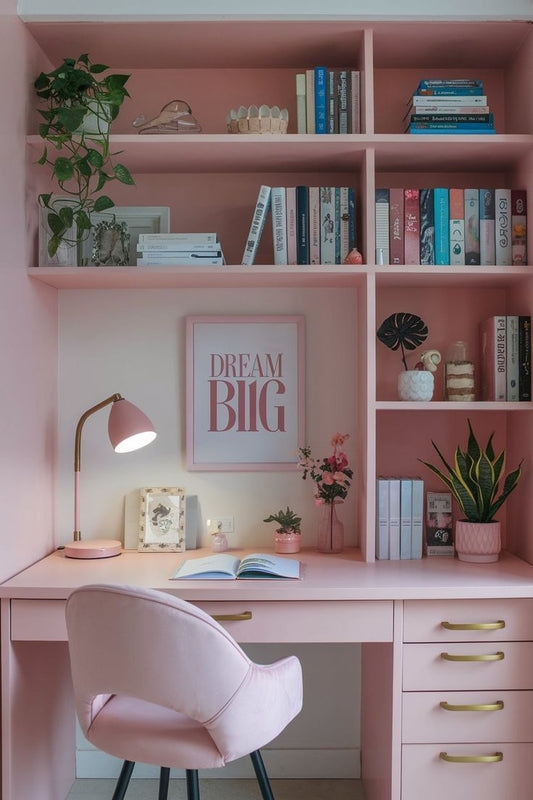 Modern Pink Study Desk with Bookshelf & Drawers – Stylish Home Office Writing Table