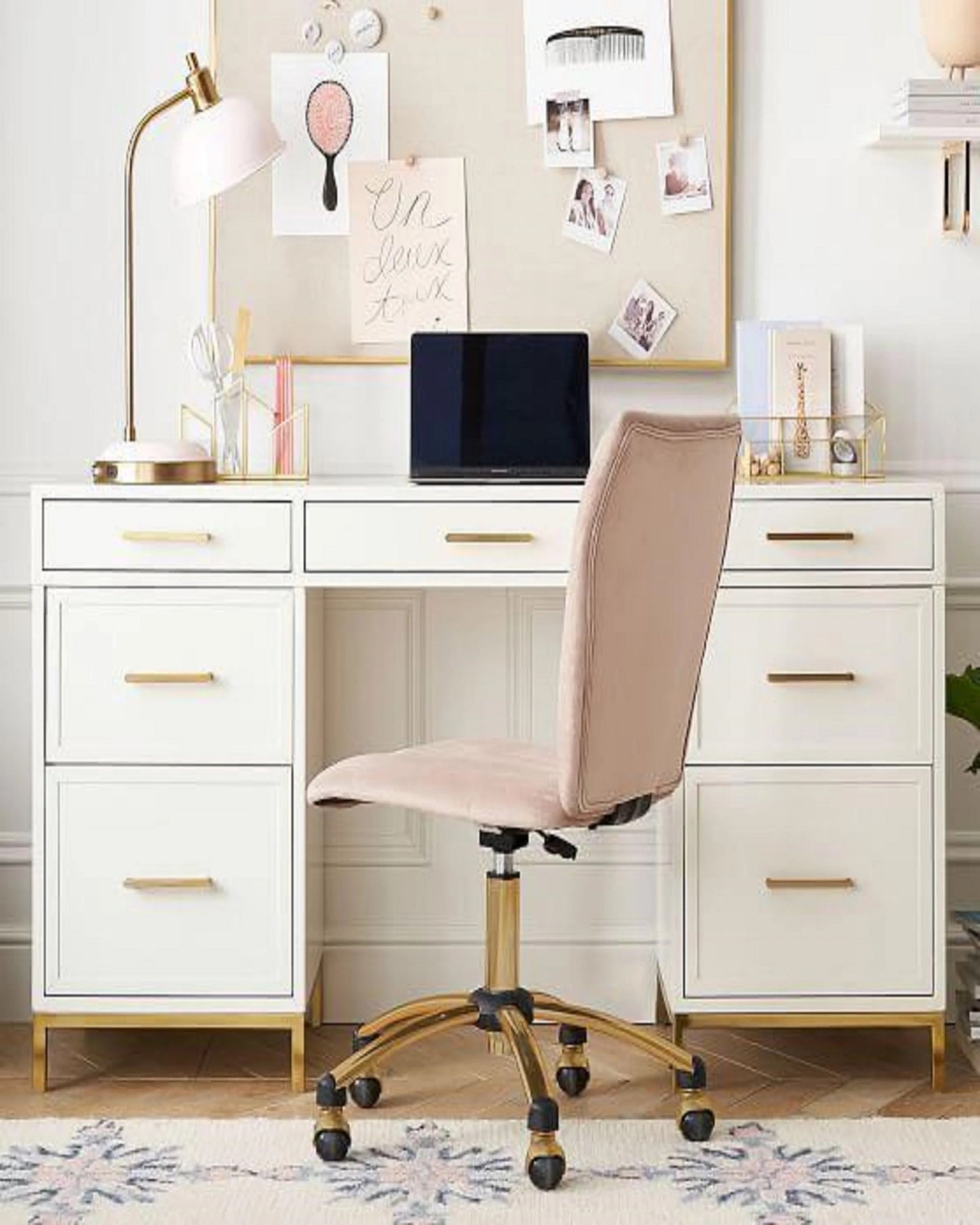 Luxury White Writing Desk with Drawers & Gold Accents – Elegant Home Office Study Table