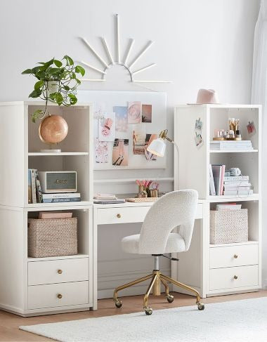 White Study Desk with Dual Bookcase Storage & Drawers – Modern Home Office Writing Table