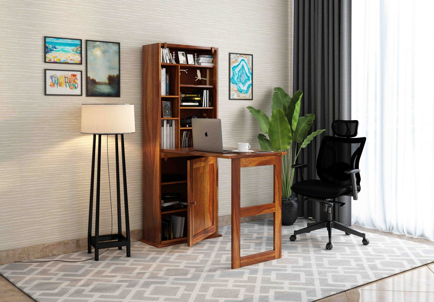 Solid Wood Office Desk with Bookshelf & Storage Cabinet – Space-Saving Home Office Workstation