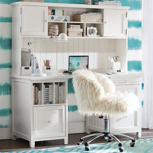 White Study Desk with Hutch & Storage Cabinets – Modern Home Office Writing Table