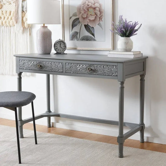 Elegant Grey Carved Console Table with Drawers – Vintage Entryway & Bedroom Accent Table